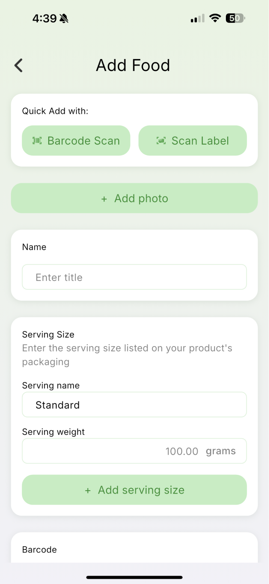 2. How to Add a Food That Isn&rsquo;t in the Database — Qalzy app screenshot