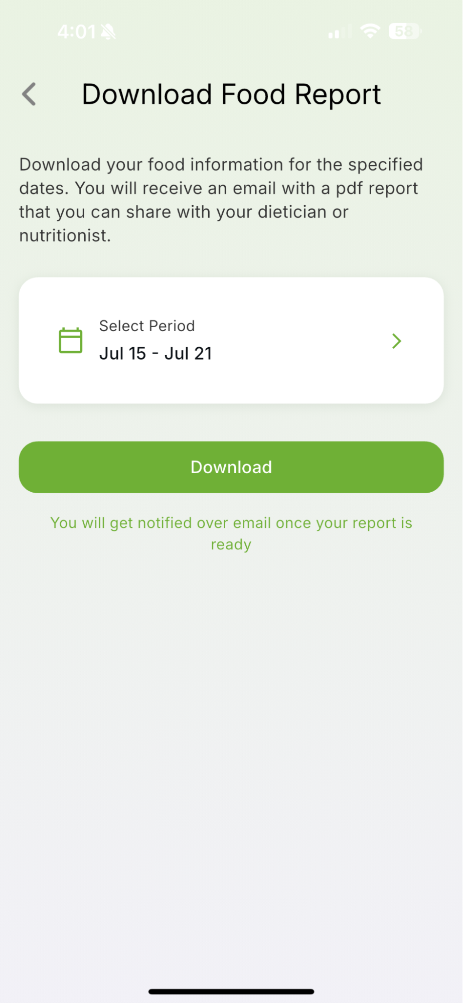 How to Download and Share Your Food Data — Qalzy app screenshot