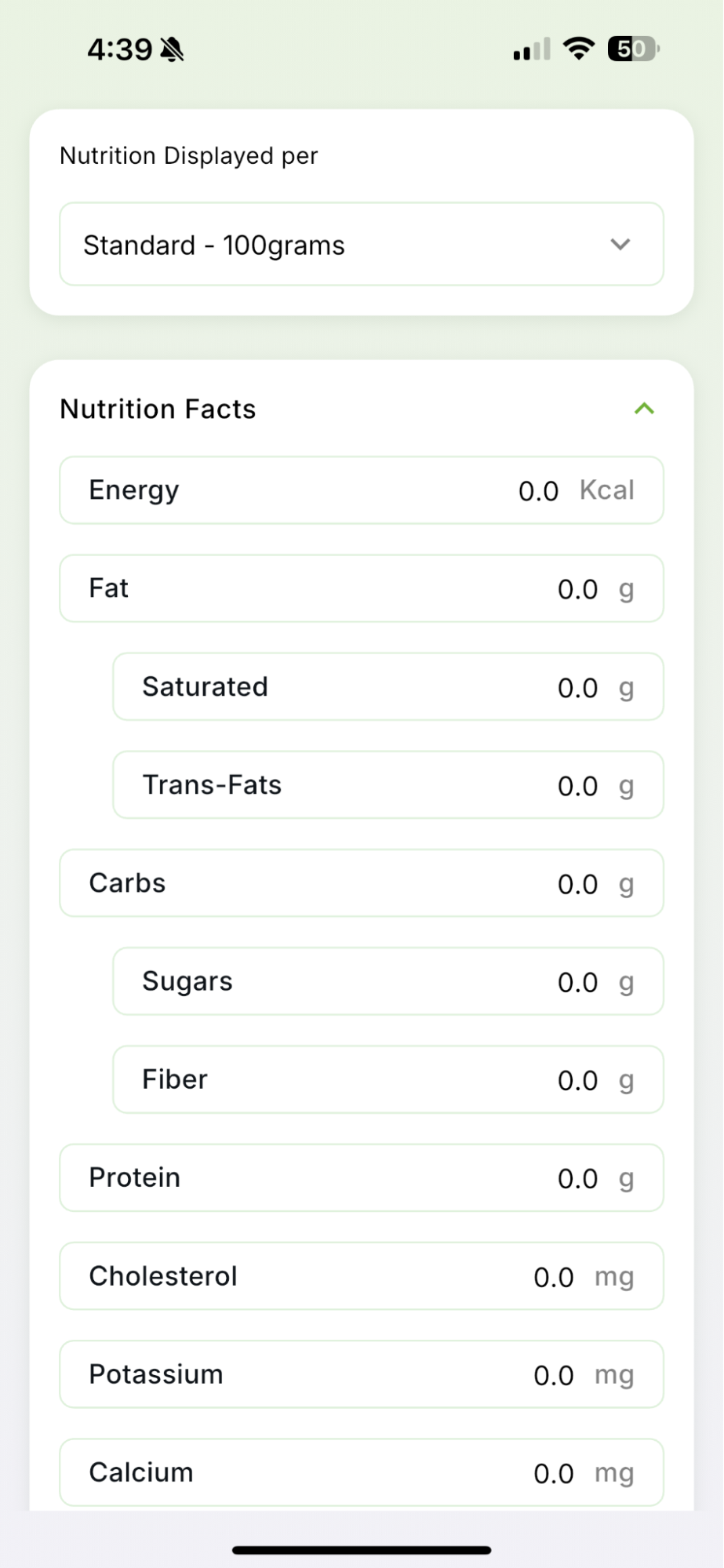 2. How to Add a Food That Isn&rsquo;t in the Database — Qalzy app screenshot